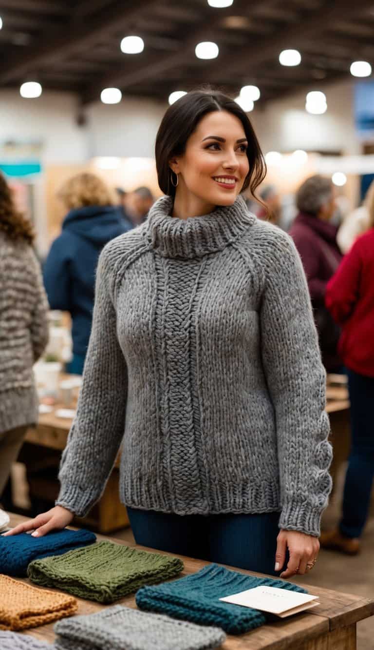 A cozy handmade knit sweater displayed on a rustic wooden table at a bustling craft fair
