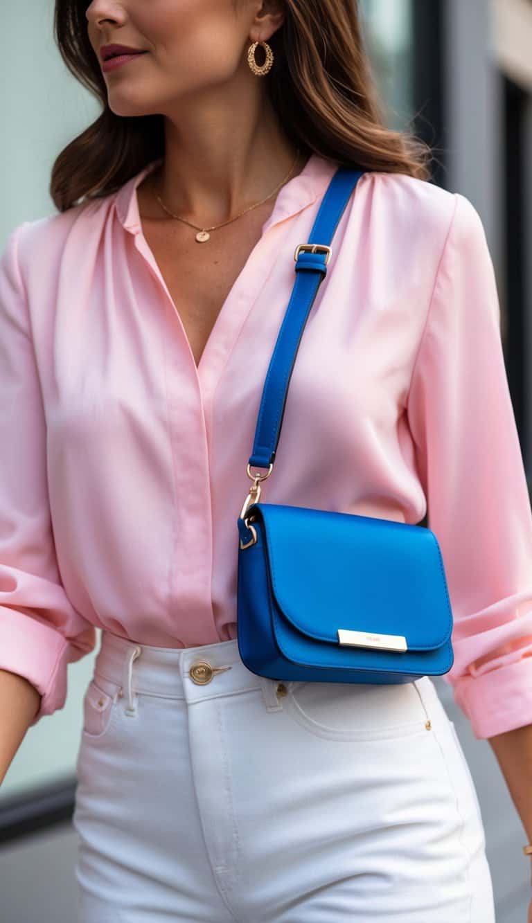 16 Blue Purse Outfit Ideas to Add a Pop of Color and Elevate Your Style! 8 A pink blouse with a blue crossbody purse hanging off the shoulder, adding a pop of color to the outfit