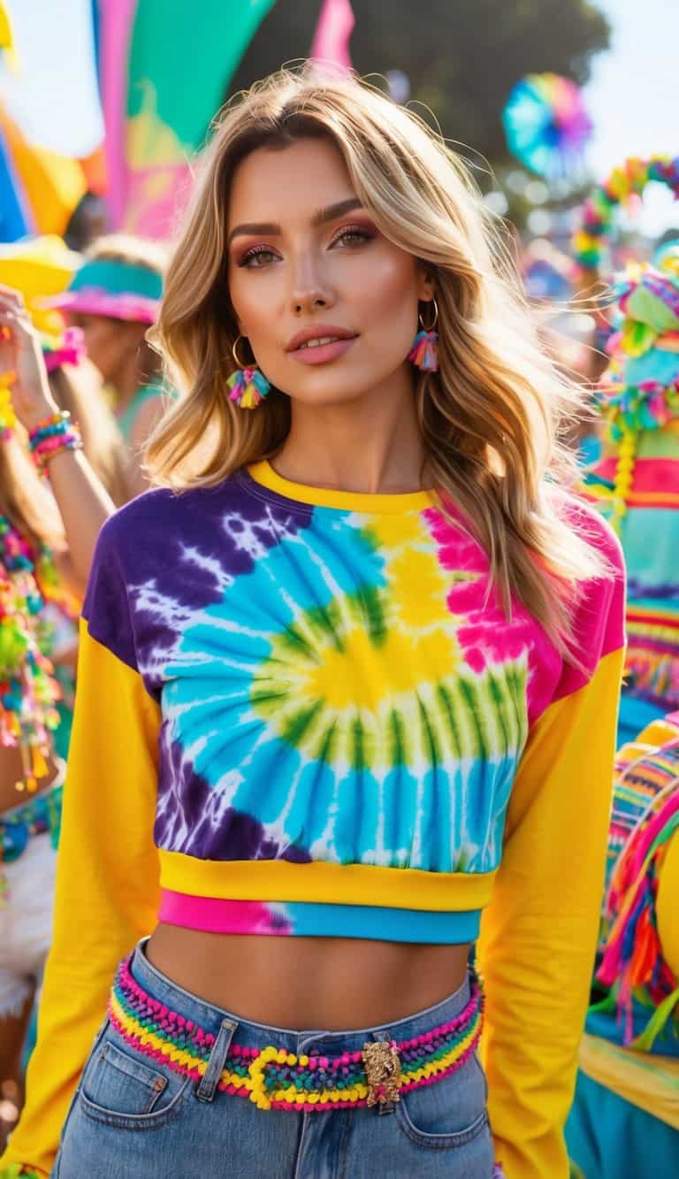 18 Summer Fest Outfit Ideas for Festival Fun That Will Make You Shine! 5 A vibrant tie-dye crop top surrounded by colorful festival accessories and summer-themed elements