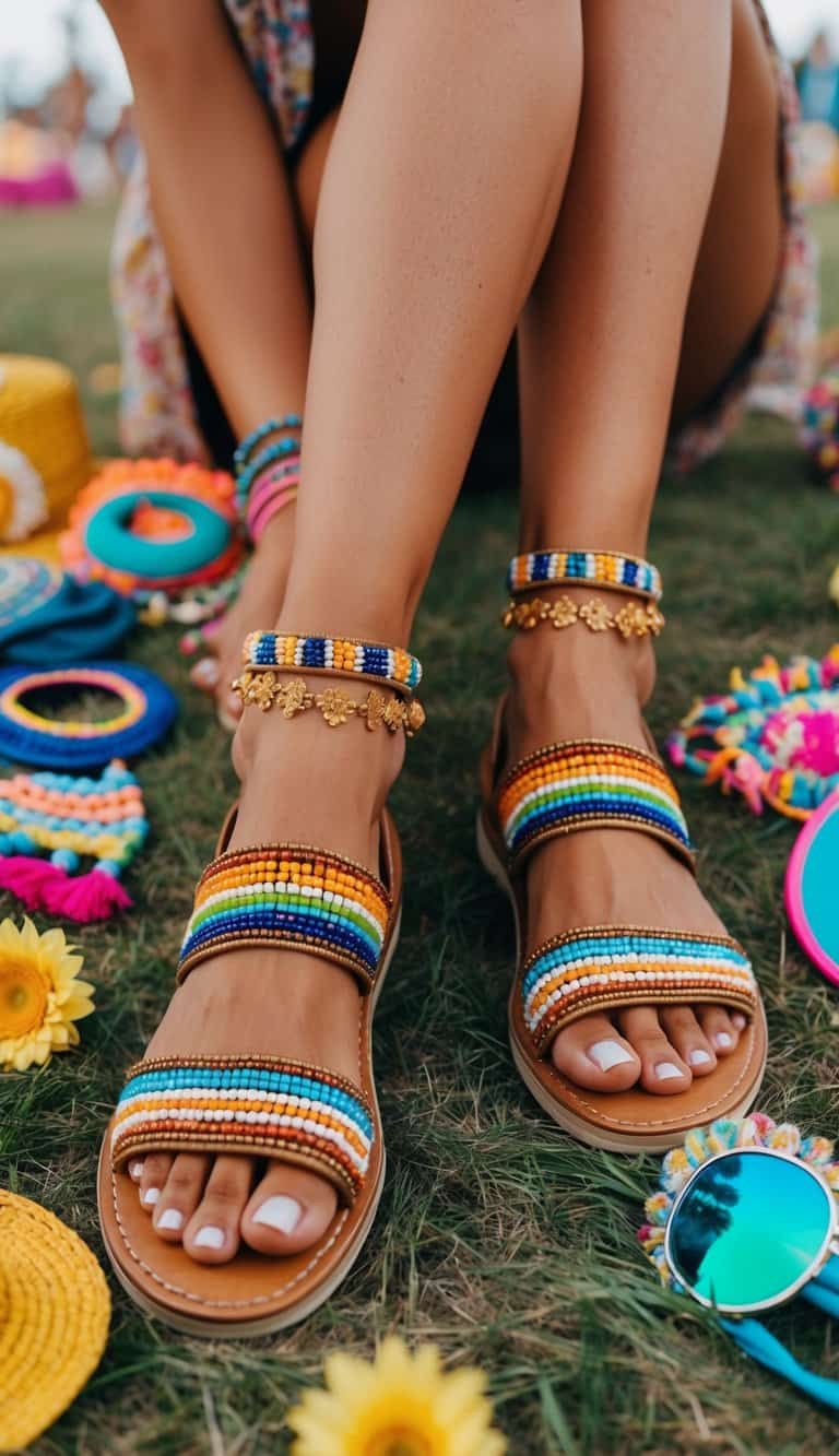 18 Summer Fest Outfit Ideas for Festival Fun That Will Make You Shine! 7 A pair of beaded leather sandals surrounded by colorful festival accessories and outdoor summer elements