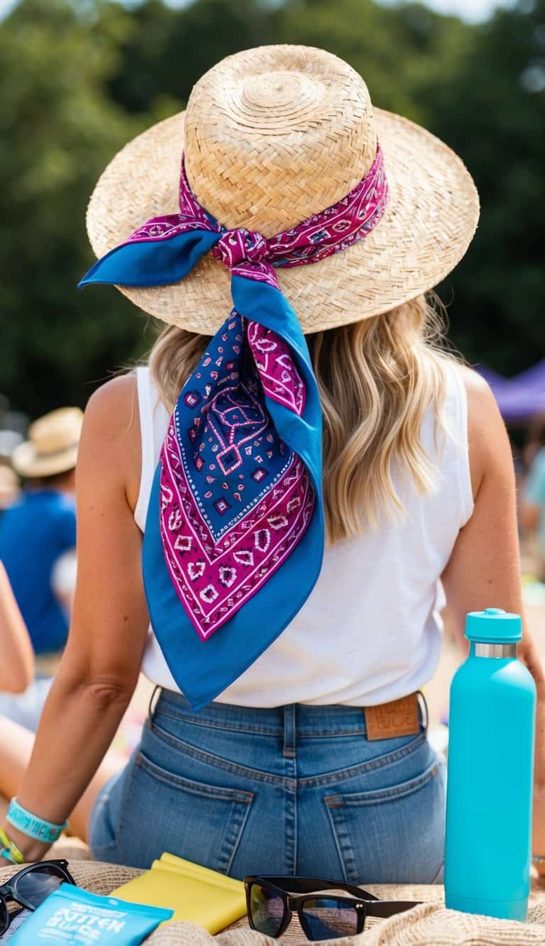 18 Summer Fest Outfit Ideas for Festival Fun That Will Make You Shine! 8 A colorful patterned bandana tied around a straw hat, surrounded by festival essentials like sunglasses, sunscreen, and a water bottle