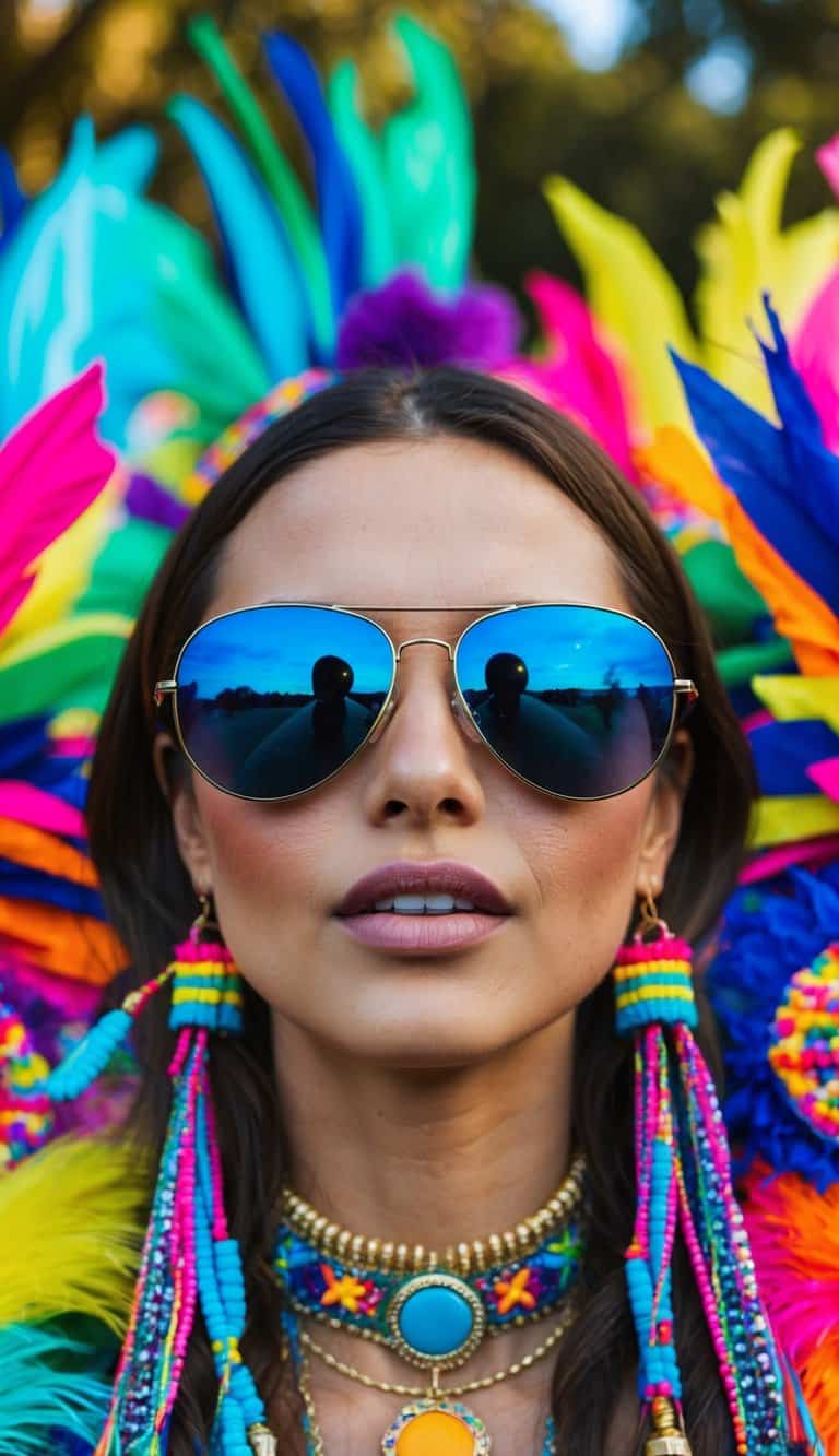 18 Summer Fest Outfit Ideas for Festival Fun That Will Make You Shine! 10 A pair of round aviator sunglasses surrounded by vibrant festival outfits and accessories