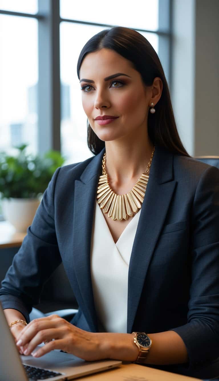 14 Smart Casual Outfit Ideas for Women to Elevate Office Style and Boost Your Confidence 7 An elegant statement necklace paired with a smart casual outfit, adding sophistication to a professional office setting