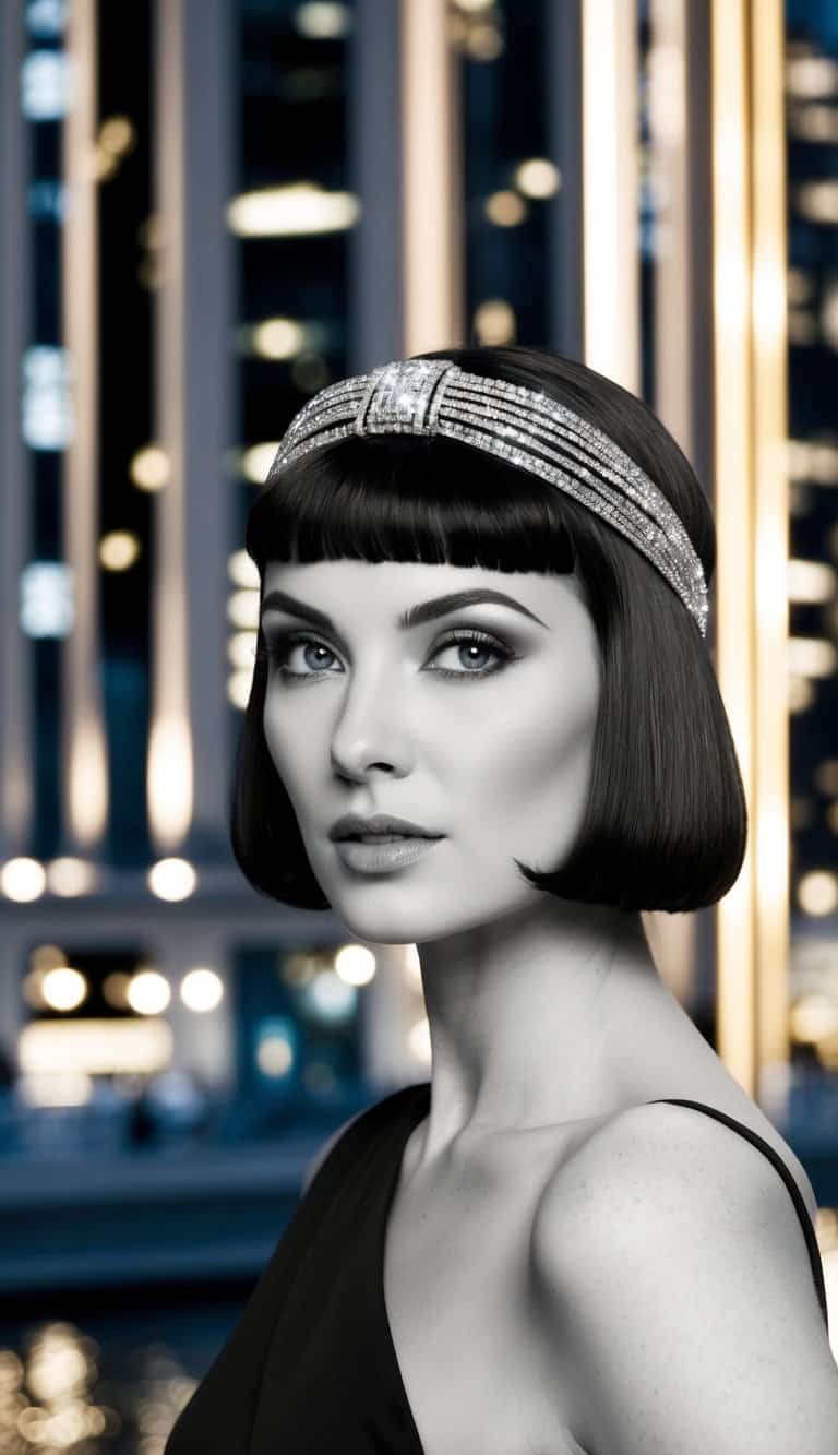 13 Evening 1920s Outfit Ideas for a Glam Night Out That Will Make You Shine! 3 A glamorous Art Deco headband adorns a sleek, bobbed hairstyle against a backdrop of glittering city lights and elegant architecture