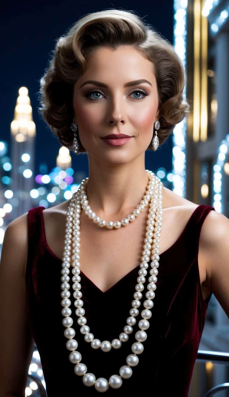 13 Evening 1920s Outfit Ideas for a Glam Night Out That Will Make You Shine! 4 A glittering pearl necklace draped over a velvet evening gown, set against a backdrop of sparkling city lights and art deco architecture