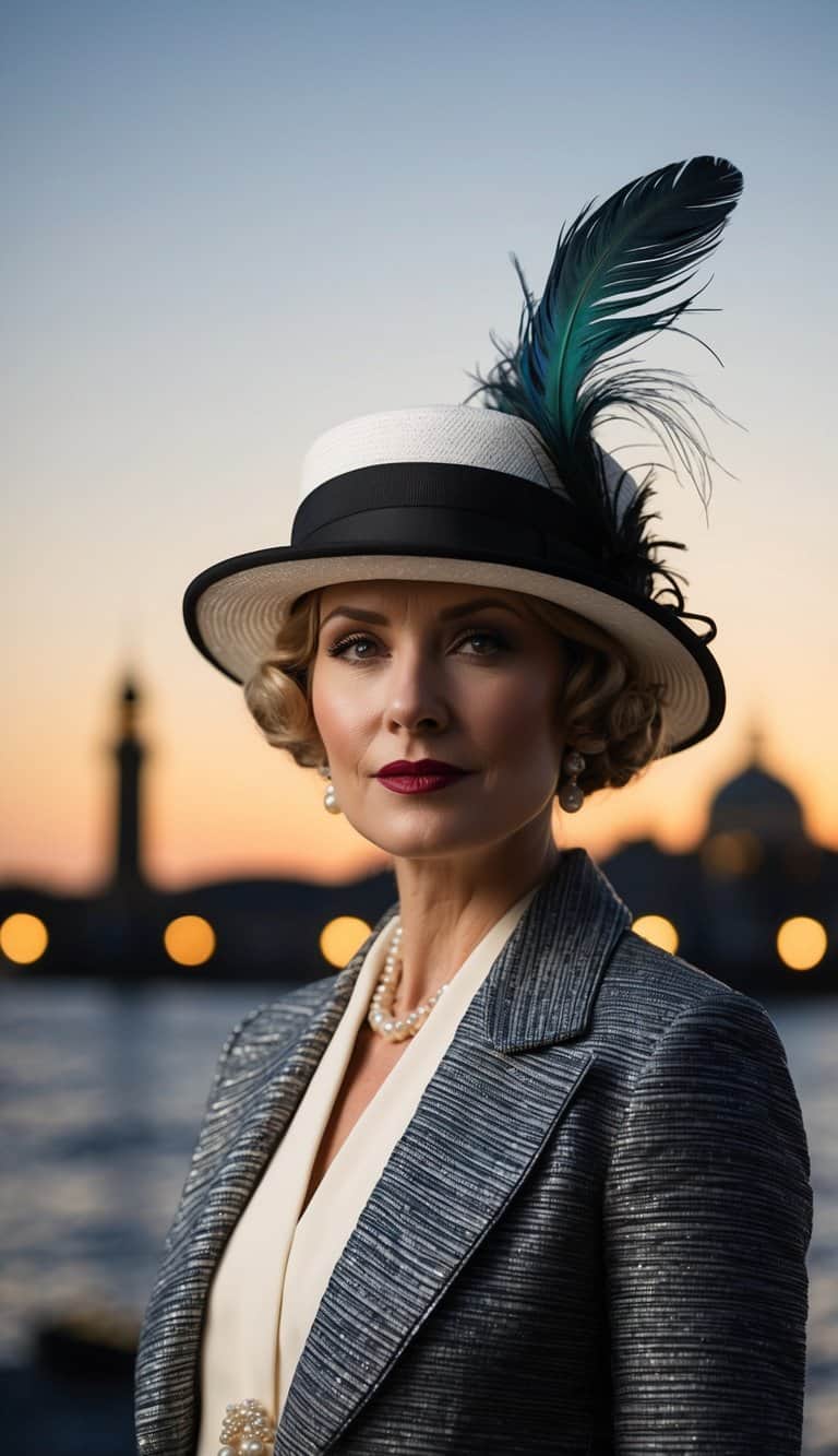 13 Evening 1920s Outfit Ideas for a Glam Night Out That Will Make You Shine! 8 A feather boater hat atop a 1920s outfit, set against a glamorous evening backdrop
