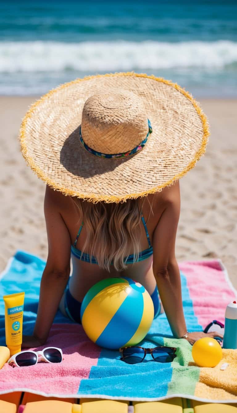 A wide-brimmed straw hat sits atop a colorful beach towel surrounded by various water park accessories like sunscreen, sunglasses, and a beach ball