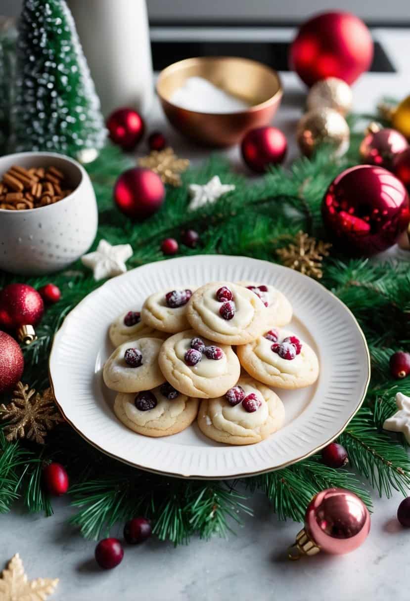A festive kitchen counter with a plate of white chocolate cranberry cookies surrounded by holiday decorations and ingredients