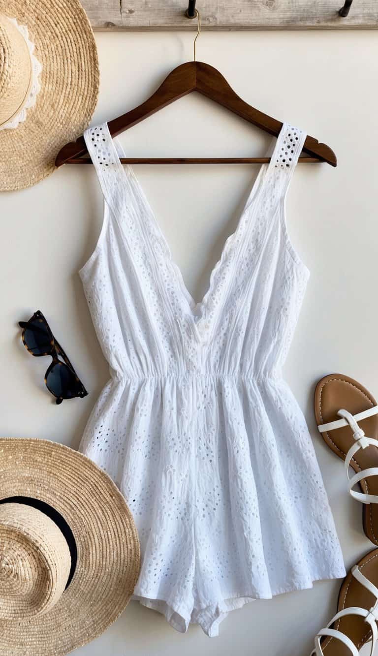 A white eyelet romper hanging on a rustic wooden hanger, surrounded by soft, summery accessories like a straw hat, sunglasses, and a pair of strappy sandals