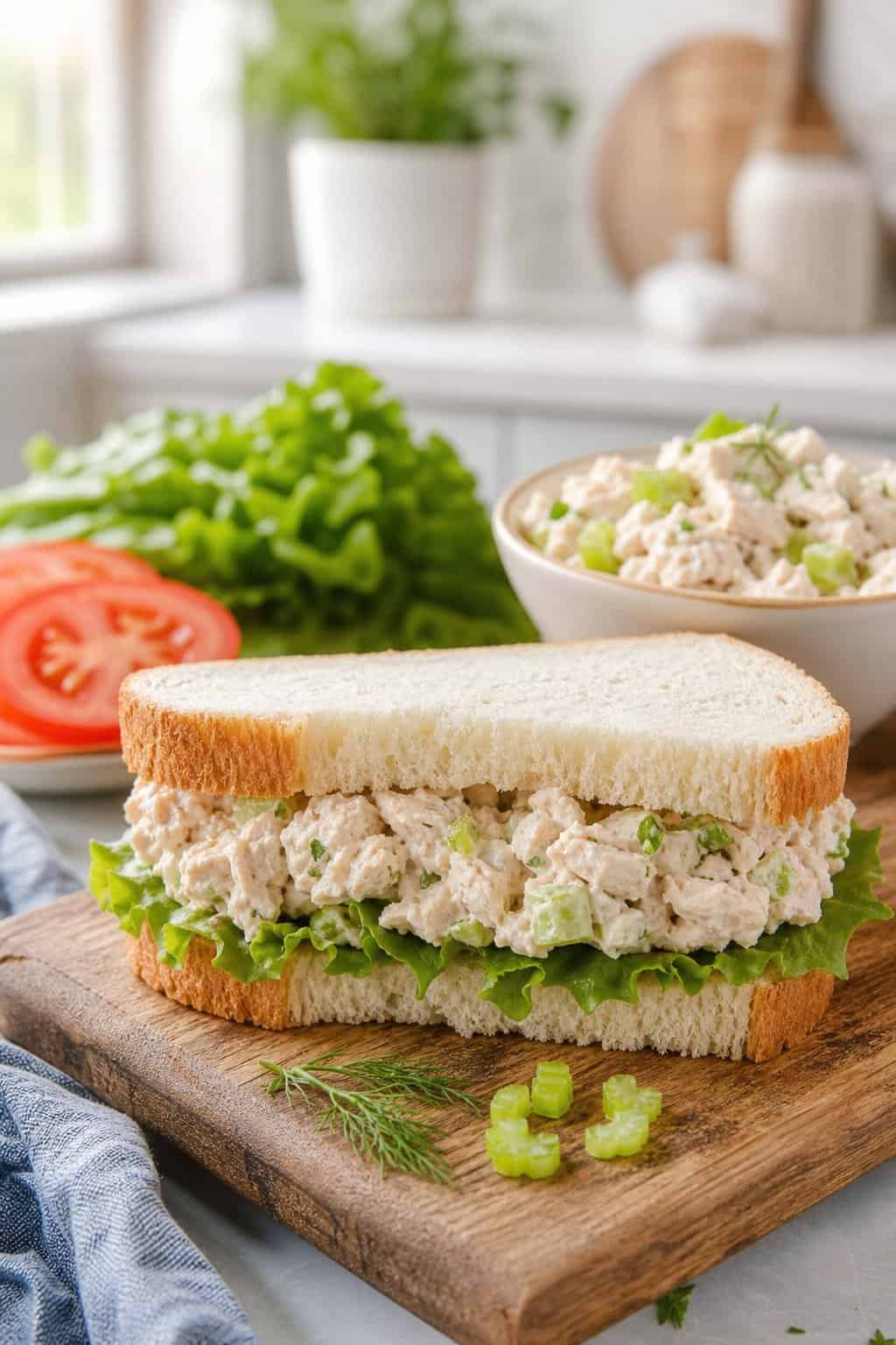 A chicken salad sandwich on a wooden board with fresh lettuce, tomato slices, and a bowl of chicken salad on a kitchen countertop.