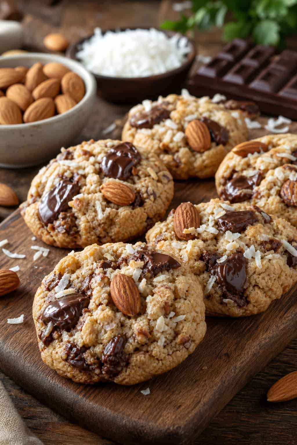 A close-up of freshly baked cookies with coconut, almonds, and chocolate on a wooden board in a kitchen setting.