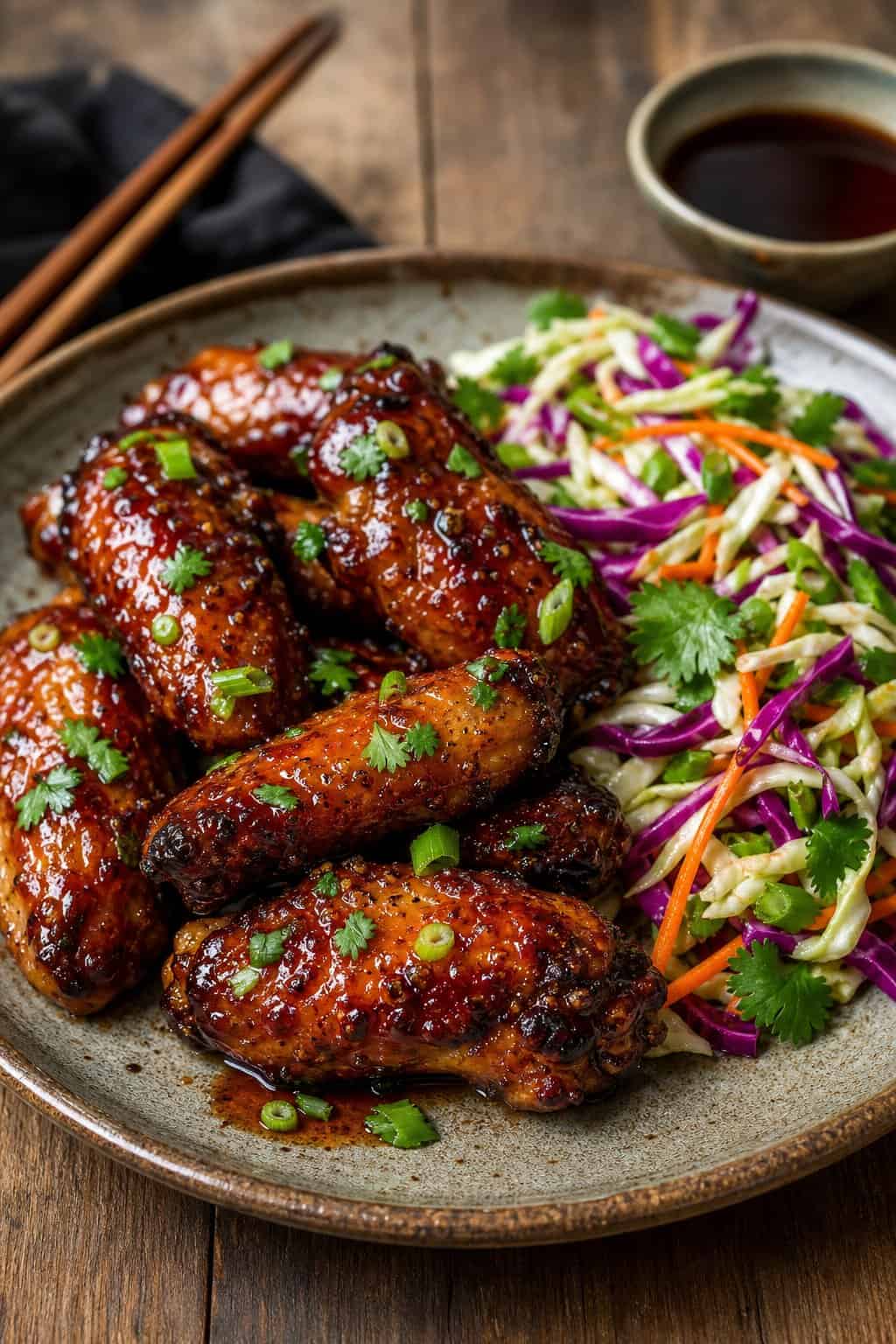 22 Chicken Wing Recipes for Game Day and Beyond 9 A plate of Asian five-spice hoisin chicken wings served with colorful cabbage slaw on a wooden table.