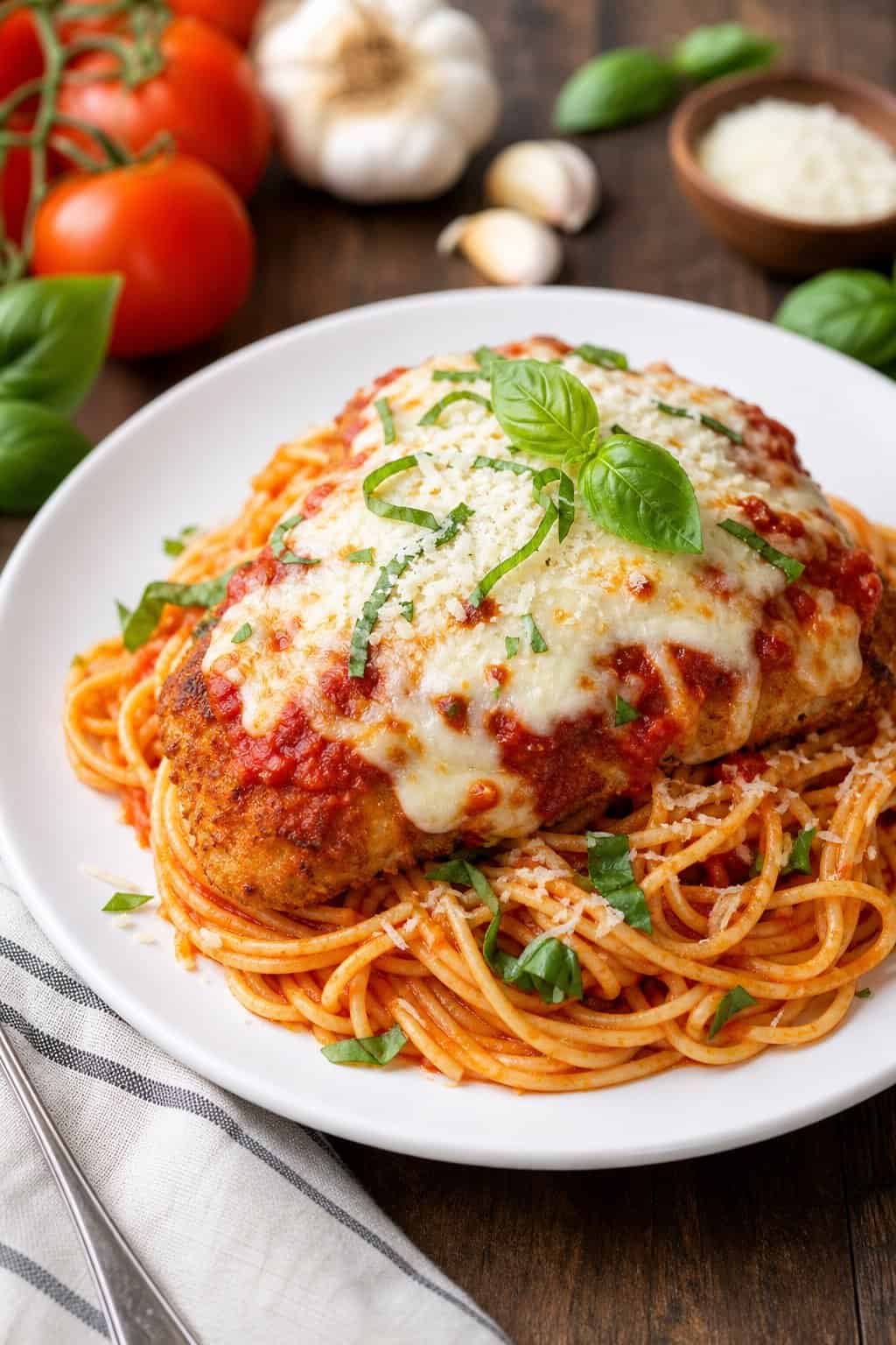 A plate of baked chicken parmesan with melted cheese and marinara sauce served over spaghetti pasta, garnished with basil and Parmesan cheese.