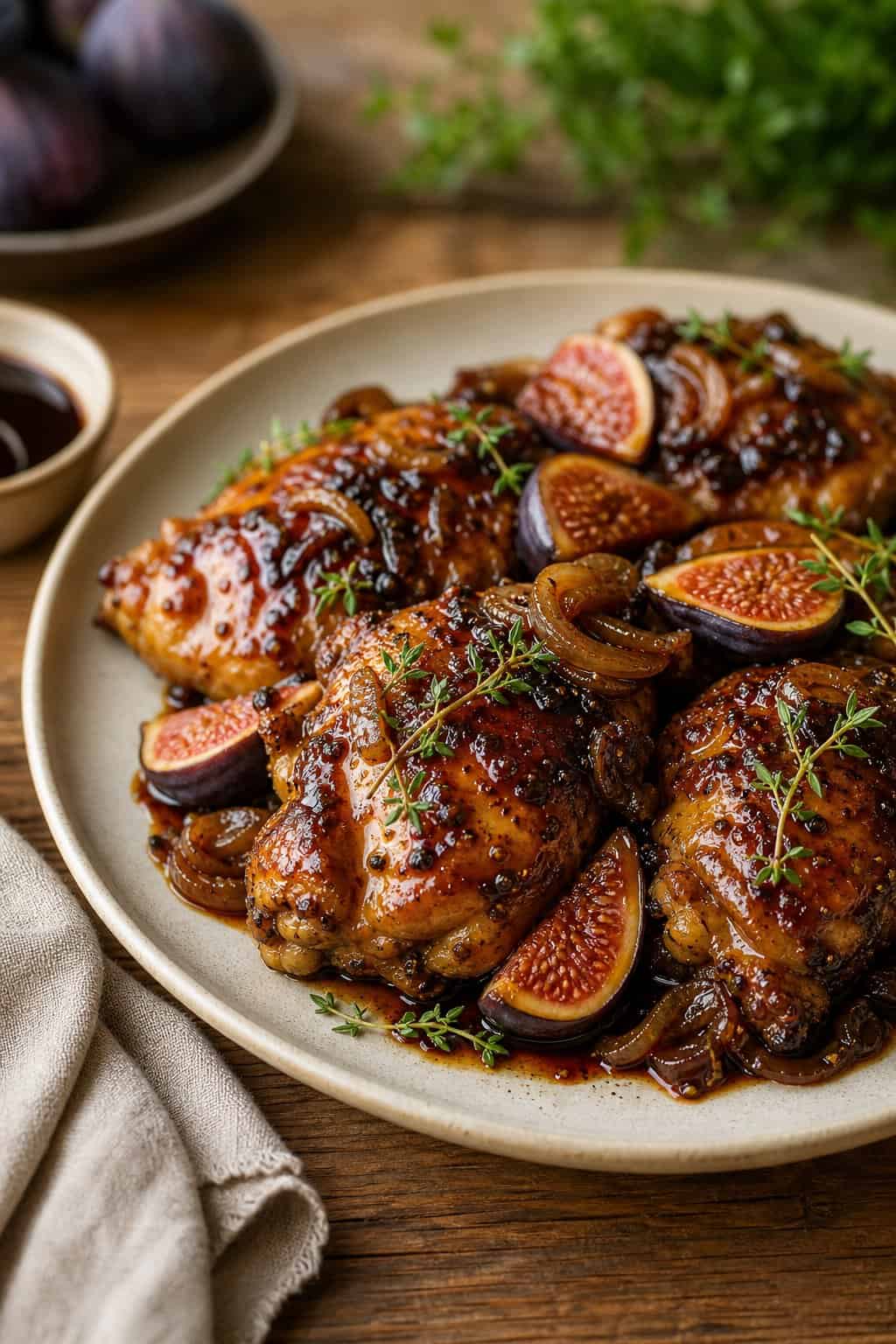 A plate of balsamic fig and shallot chicken thighs garnished with fresh herbs on a wooden table.