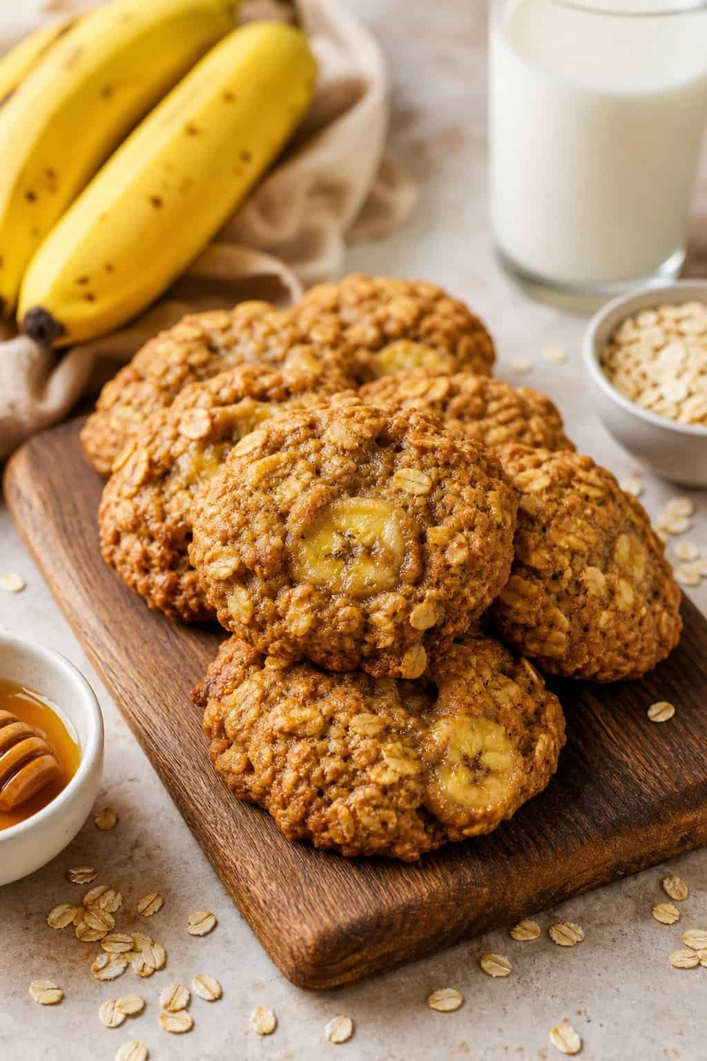Close-up of banana oat breakfast cookies on a wooden board surrounded by bananas, oats, honey, and a glass of milk.