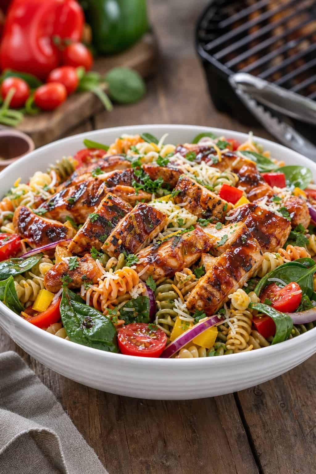 A bowl of barbecue chicken pasta salad with colorful vegetables on a wooden table.