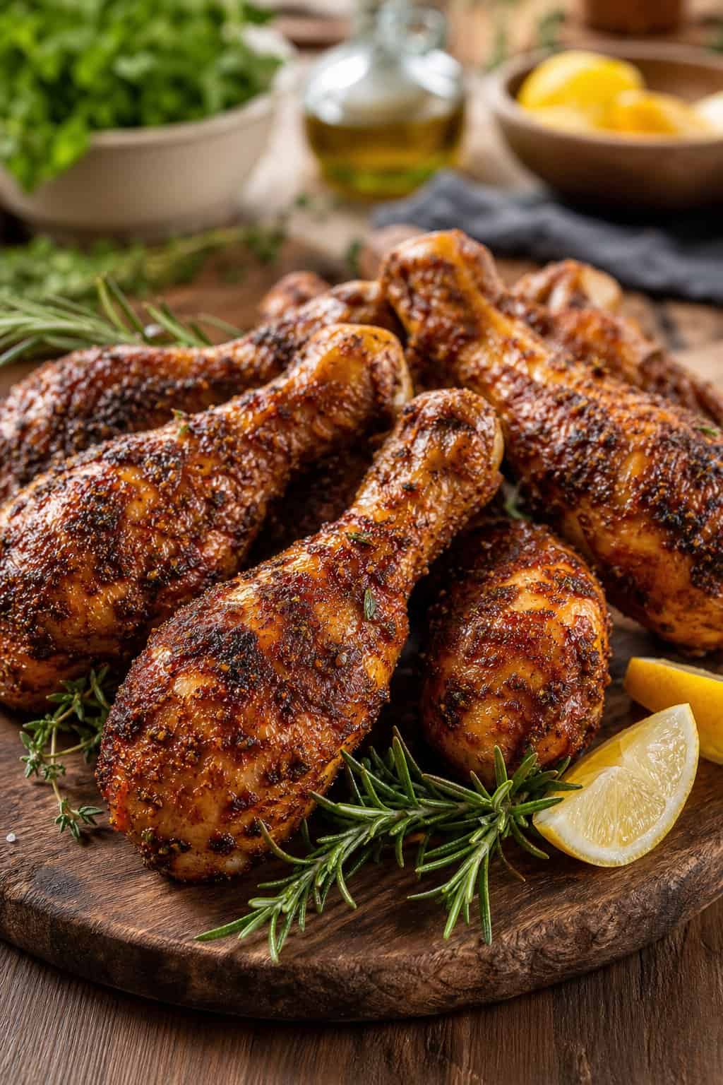 22 Heart-Healthy Chicken Recipes to Keep You Feeling Great! 15 Baked barbecue-rubbed chicken drumsticks without skin arranged on a wooden board with fresh herb garnishes and lemon wedges.