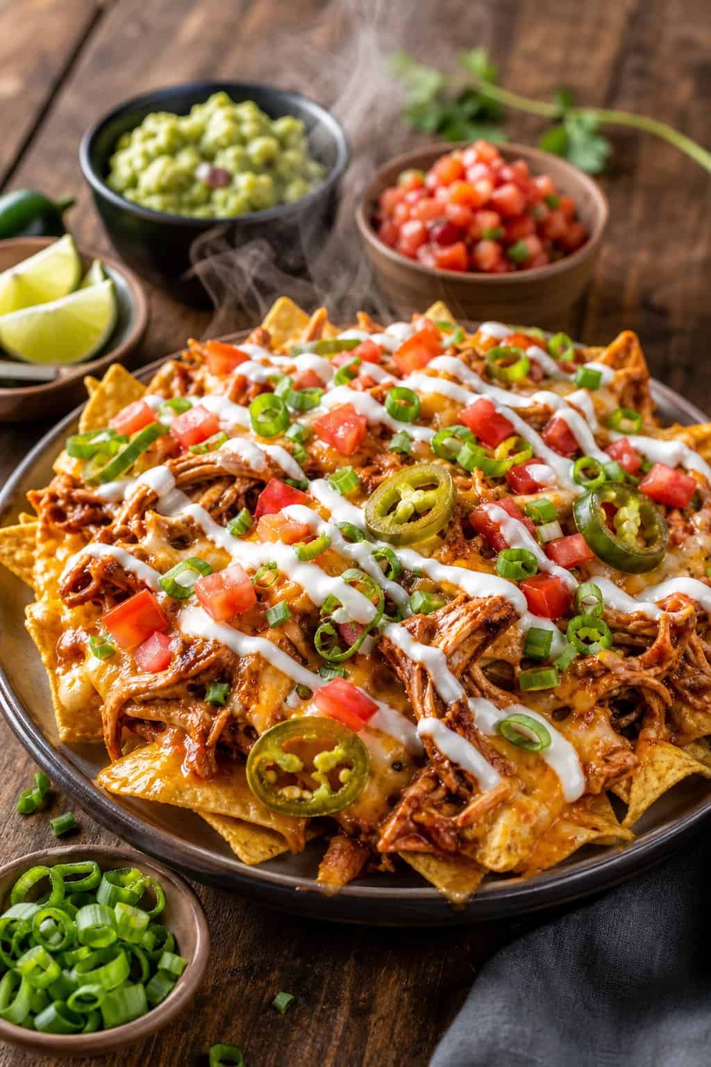 A plate of BBQ chicken nachos topped with cheese, tomatoes, jalapeños, green onions, and sour cream on a wooden table with small bowls of guacamole and salsa nearby.