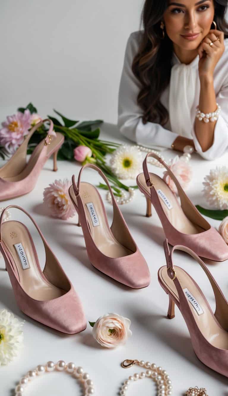 A row of blush pink slingback heels arranged on a white background, surrounded by various feminine accessories like flowers and pearls