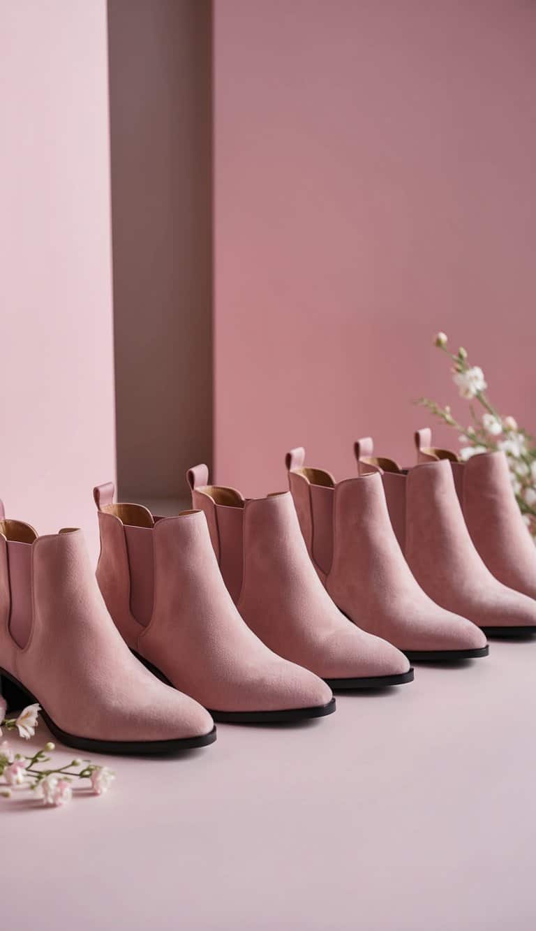 A row of blush suede ankle booties lined up against a soft pink backdrop, surrounded by delicate floral accents