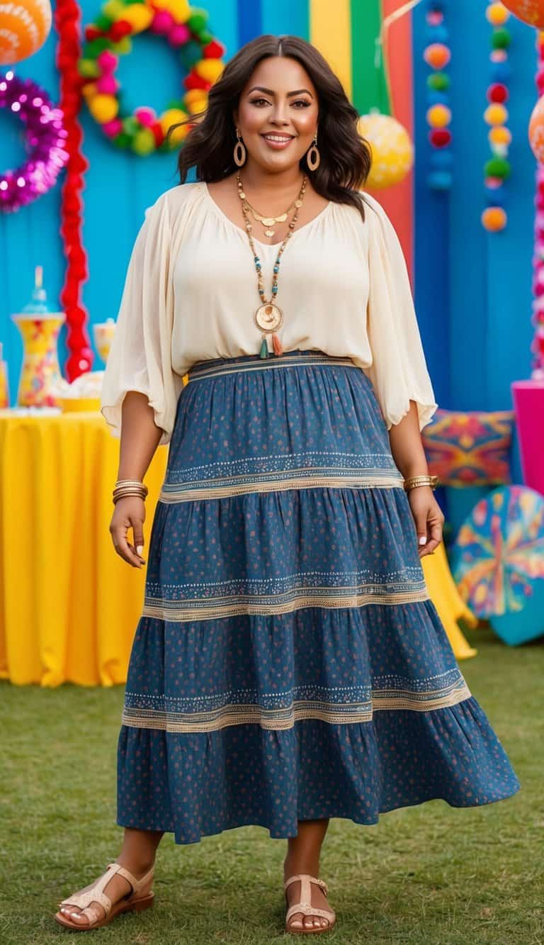 A plus-size boho tiered skirt paired with a flowy blouse, layered jewelry, and sandals, set against a festive outdoor backdrop with colorful decorations and lively music