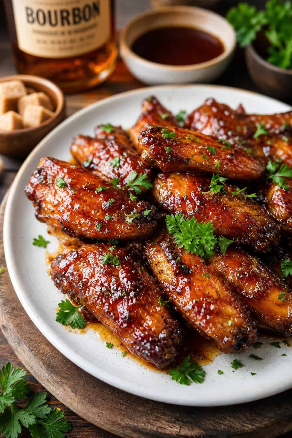 A plate of brown sugar bourbon sticky chicken wings garnished with fresh herbs, with dipping sauces and ingredients nearby.