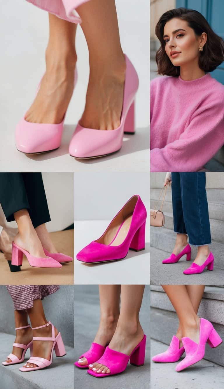 A collection of bubblegum pink block heels arranged in various stylish outfits, adding a feminine touch to the scene