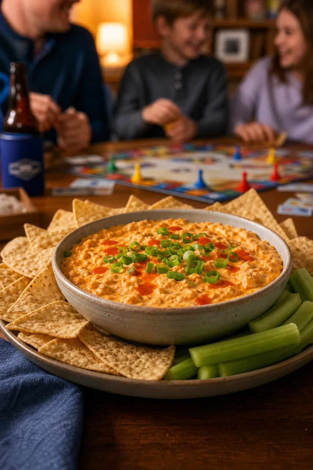 A bowl of buffalo chicken dip with tortilla chips and celery sticks on a wooden table, with a blurred family game night setup in the background.