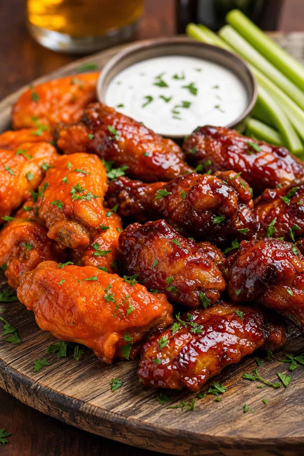 A plate of Buffalo and honey BBQ chicken wings with ranch dipping sauce and celery sticks on a wooden platter.