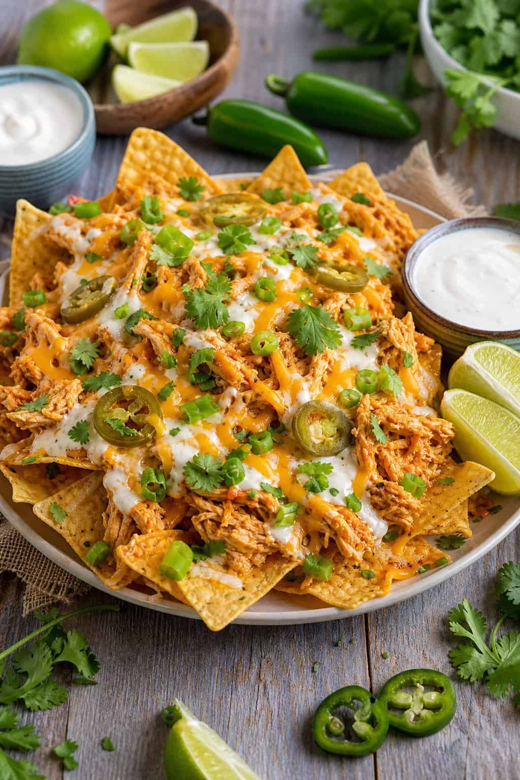 A plate of buffalo ranch canned chicken nachos topped with melted cheese, jalapeños, green onions, and cilantro, served with ranch dressing and lime wedges on a wooden table.