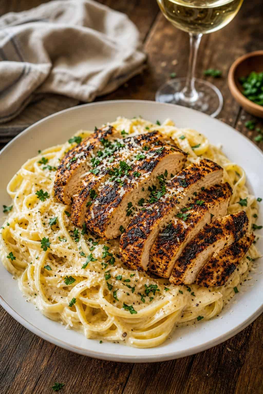 A plate of creamy Alfredo pasta topped with slices of blackened Cajun chicken, garnished with parsley and Parmesan cheese on a wooden table.