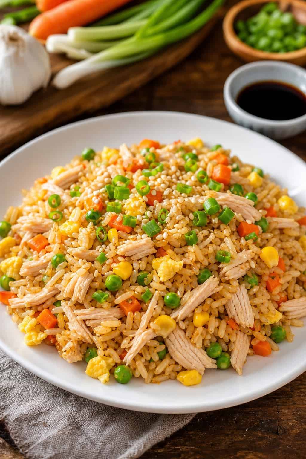 A plate of canned chicken and vegetable fried rice on a wooden table with fresh vegetables and soy sauce in the background.