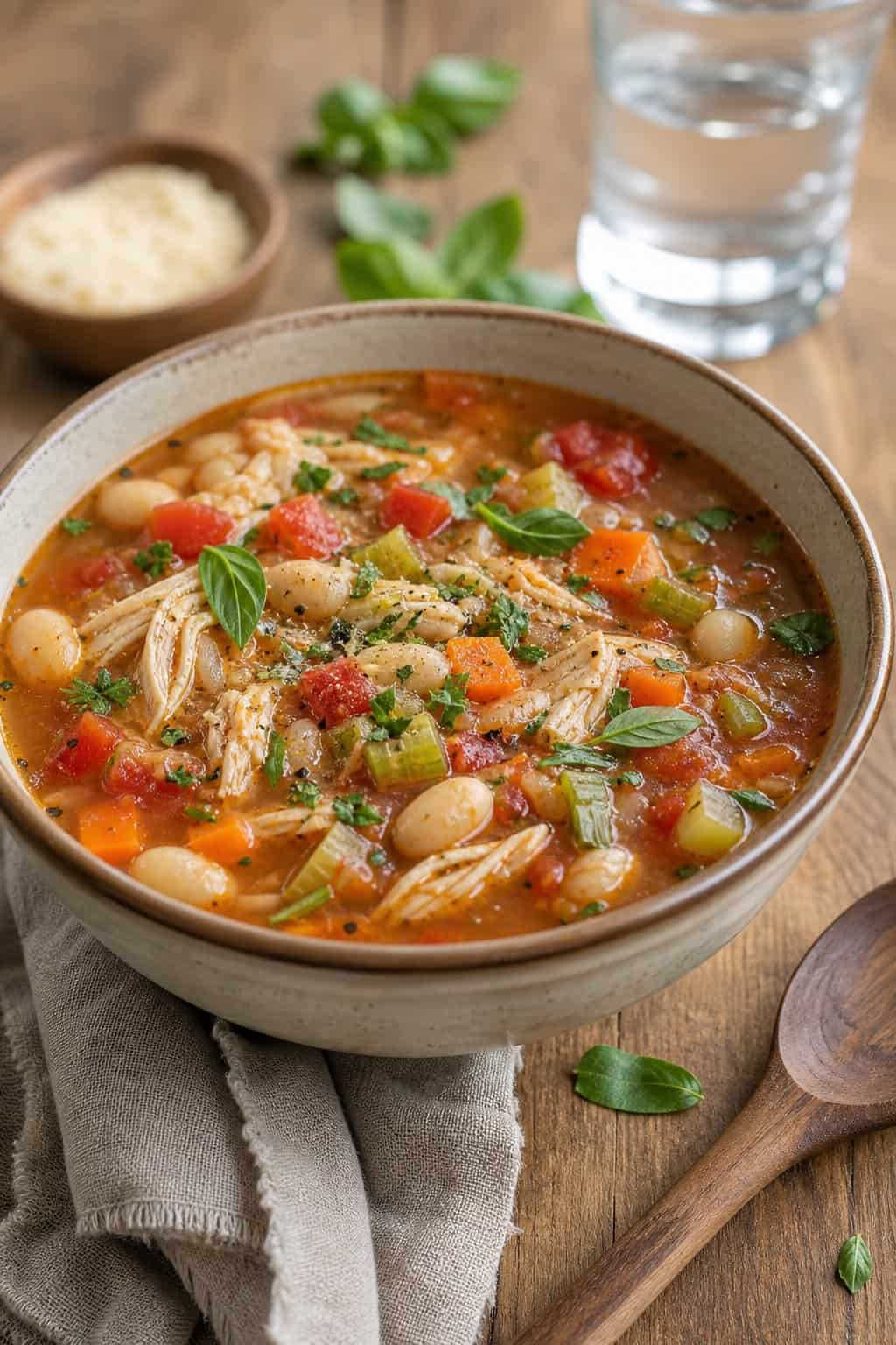 A bowl of canned chicken and white bean minestrone soup with vegetables and herbs on a wooden table.