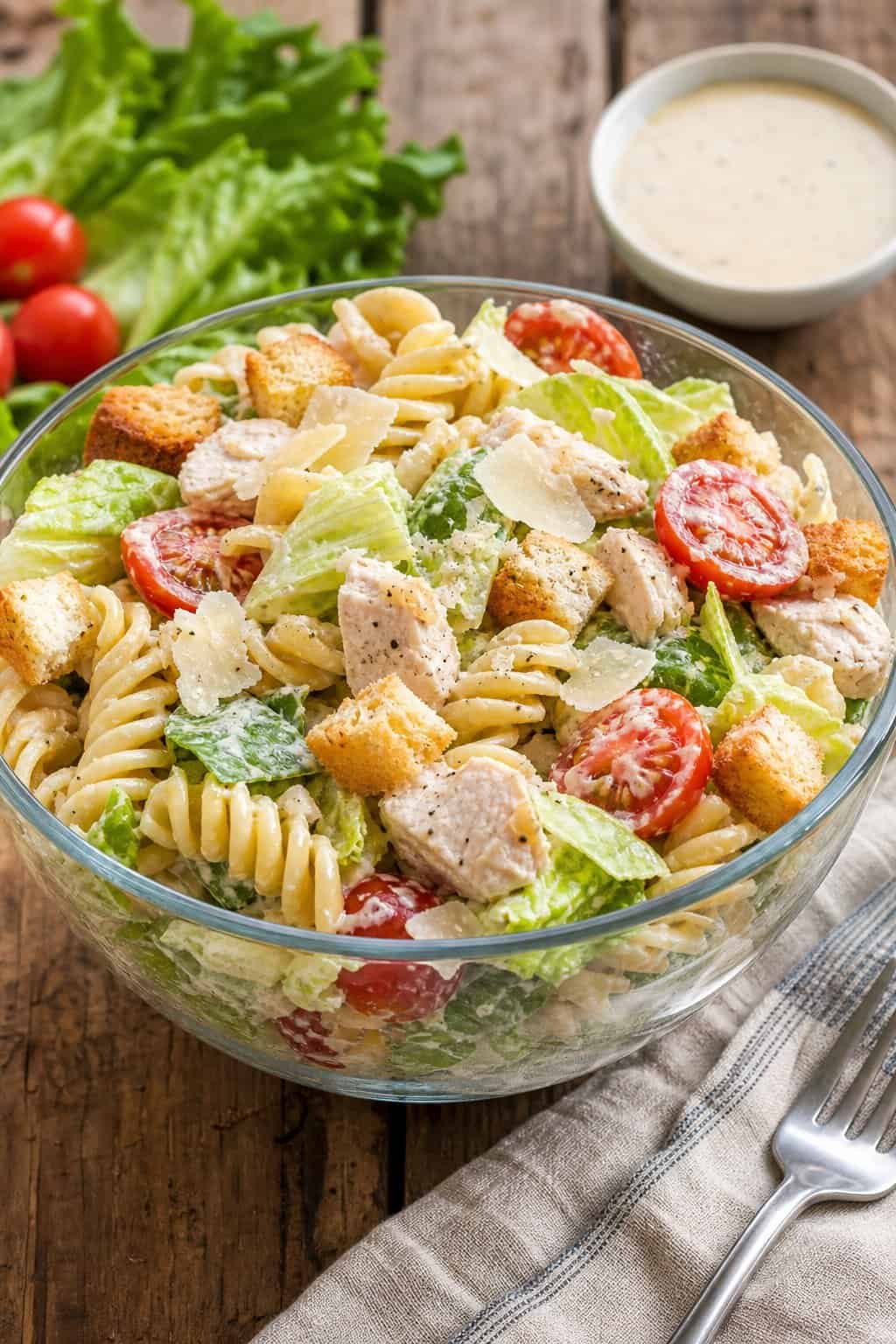 A bowl of pasta salad with canned chicken, lettuce, cherry tomatoes, Parmesan cheese, and croutons on a wooden table with a fork and small bowl of dressing nearby.