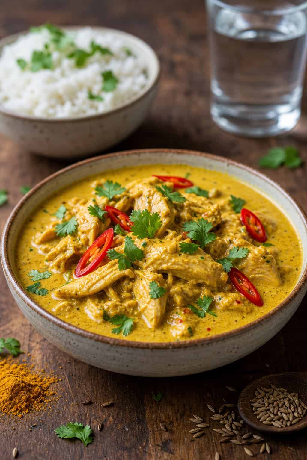 A bowl of creamy canned chicken curry with coconut milk garnished with cilantro and red chili, served on a wooden table with a bowl of rice in the background.