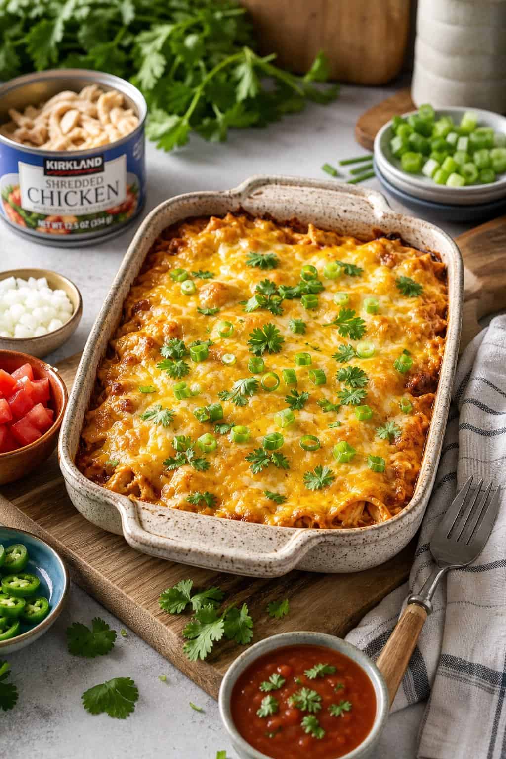 A baked chicken enchilada casserole in a ceramic dish garnished with cilantro and green onions on a kitchen countertop with cooking ingredients around it.