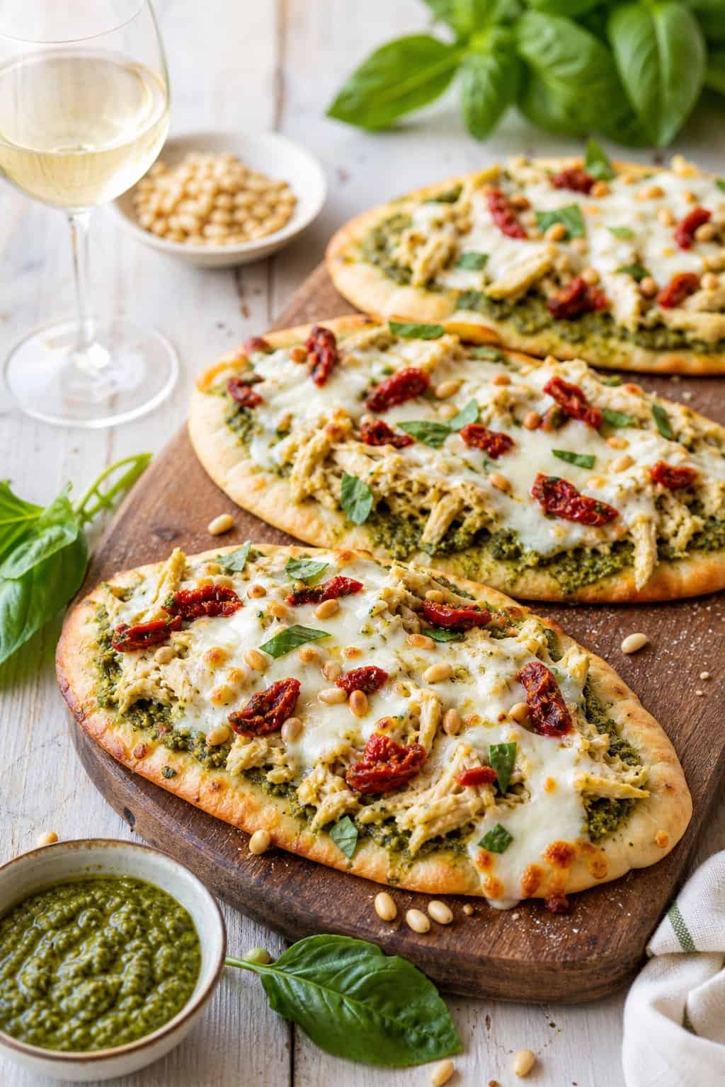 Flatbreads topped with shredded chicken, pesto, cheese, and sun-dried tomatoes on a wooden board with fresh basil and a bowl of pesto nearby.