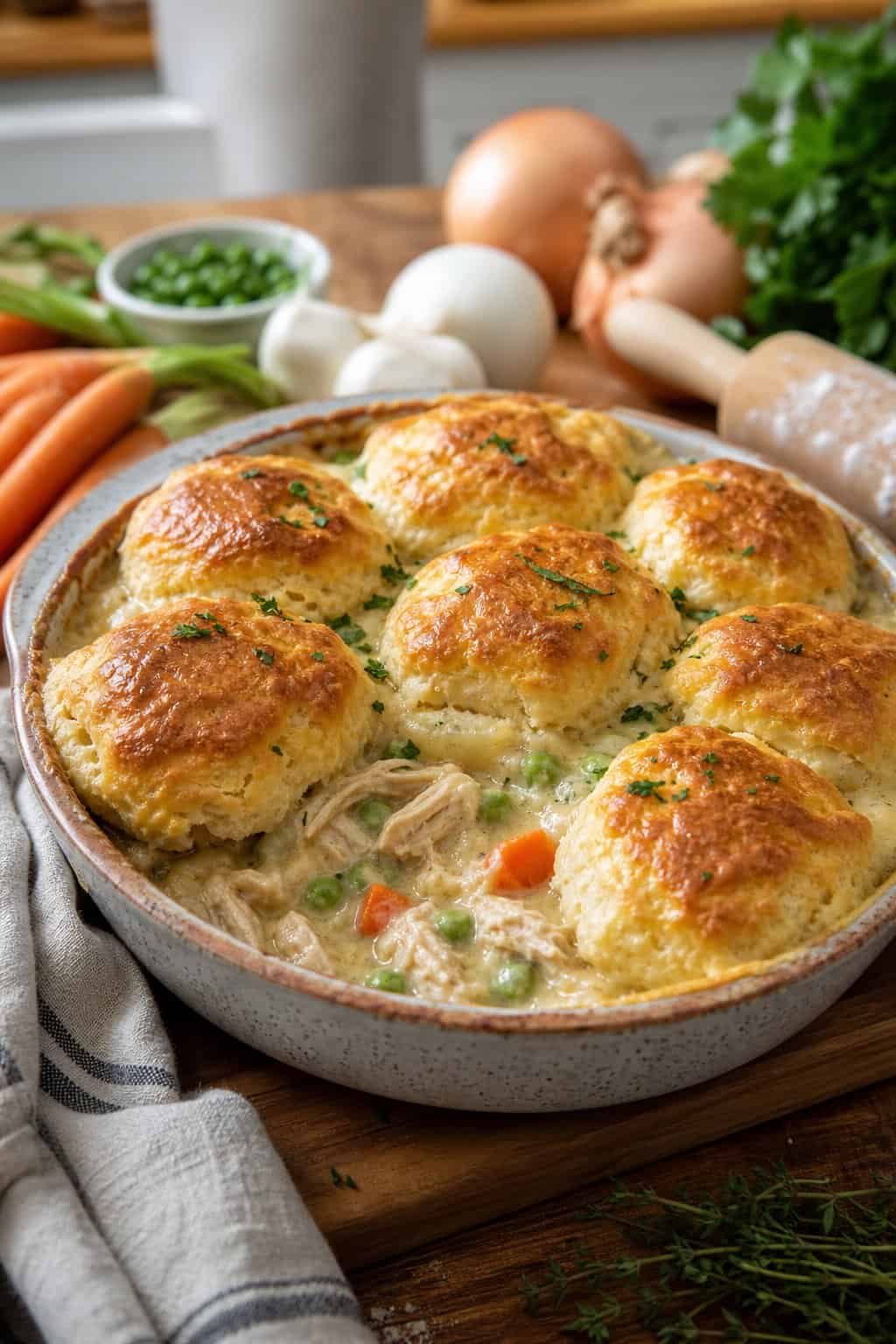 A freshly baked chicken pot pie topped with golden biscuits in a ceramic dish on a wooden table, surrounded by fresh vegetables and herbs.