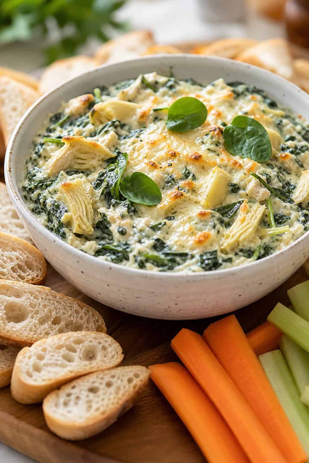 A bowl of creamy spinach artichoke dip with chunks of chicken, surrounded by sliced bread and vegetable sticks on a wooden board.