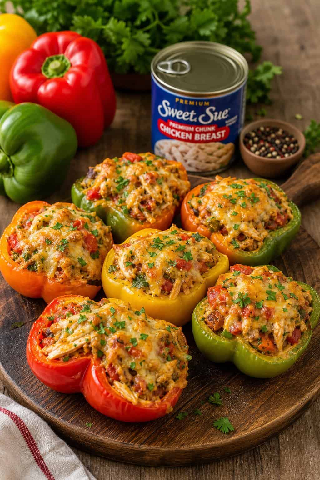 A plate of colorful bell peppers stuffed with a chicken and vegetable filling, garnished with herbs, surrounded by fresh ingredients on a wooden surface.