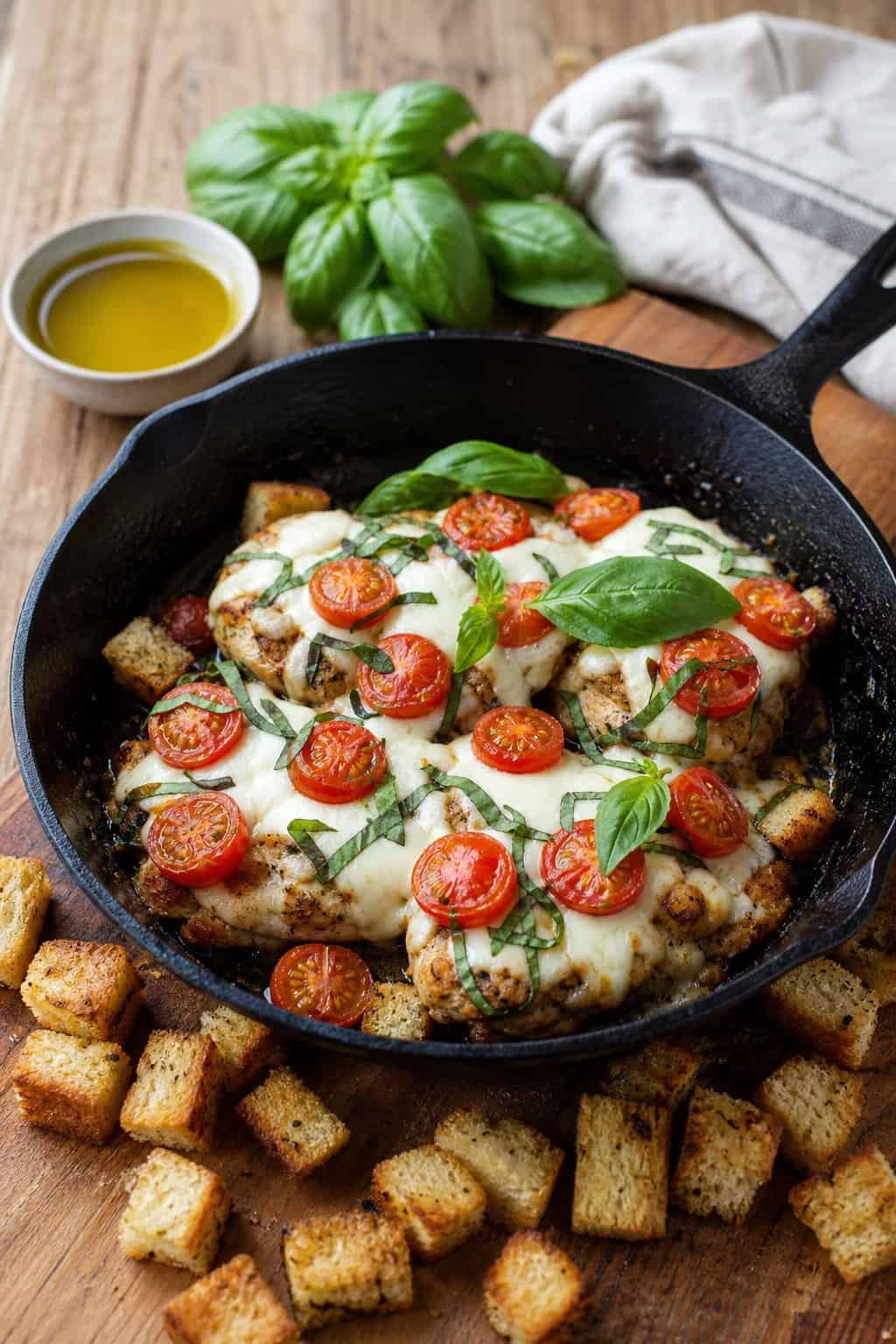 A skillet with Caprese chicken topped with melted cheese, basil, and cherry tomatoes, surrounded by homemade croutons on a wooden table.