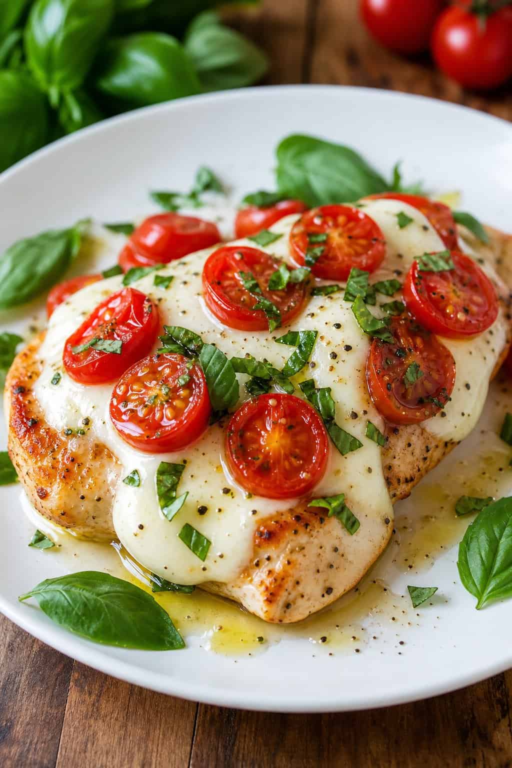 A plate of Caprese chicken topped with melted mozzarella, cherry tomatoes, and fresh basil on a wooden table.