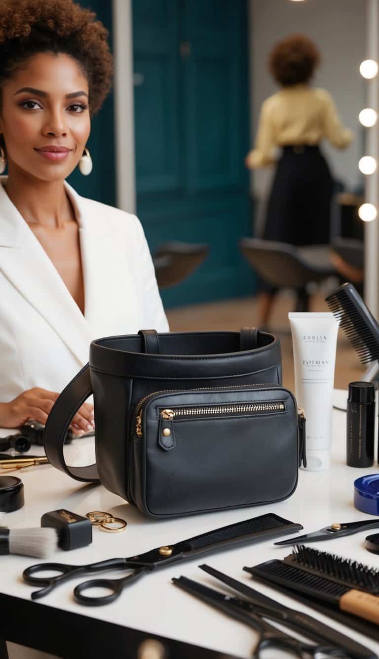 A leather belt bag sits on a table surrounded by hairdressing tools and accessories, with various outfit ideas displayed nearby