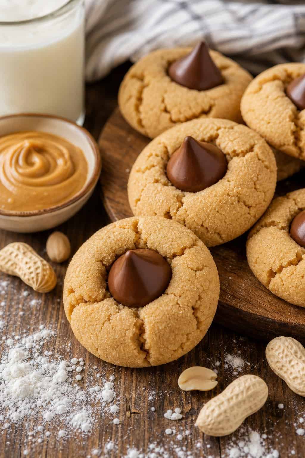 A plate of freshly baked peanut butter blossom cookies topped with chocolate kisses on a wooden table with baking ingredients nearby.