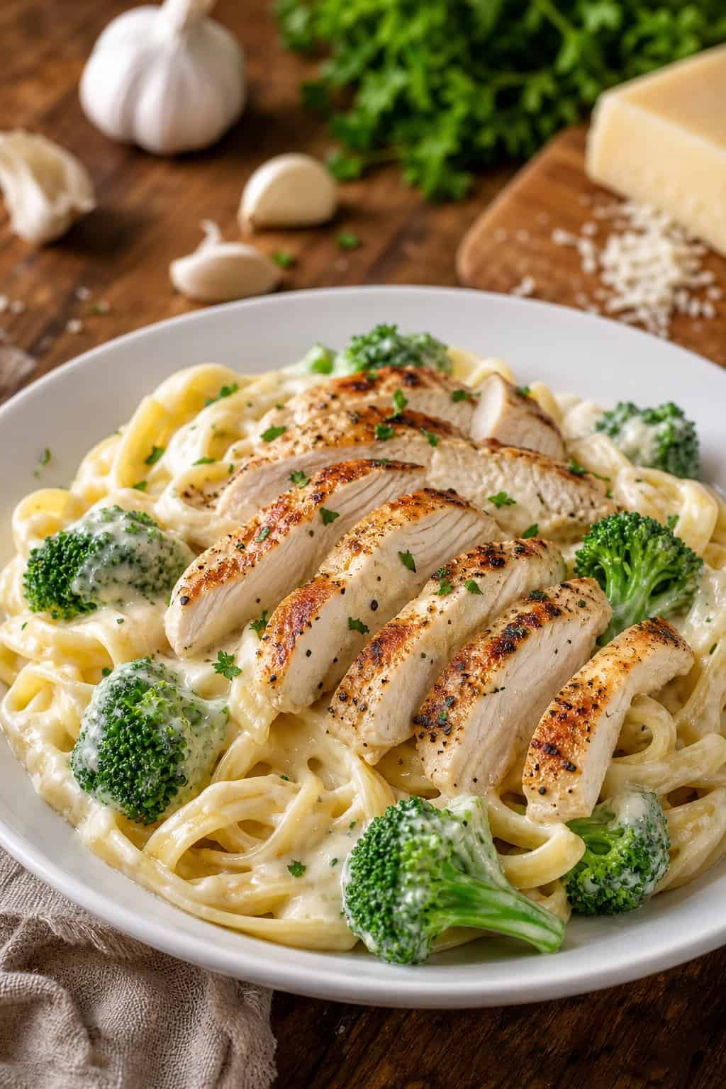A plate of chicken Alfredo pasta topped with broccoli on a wooden table.