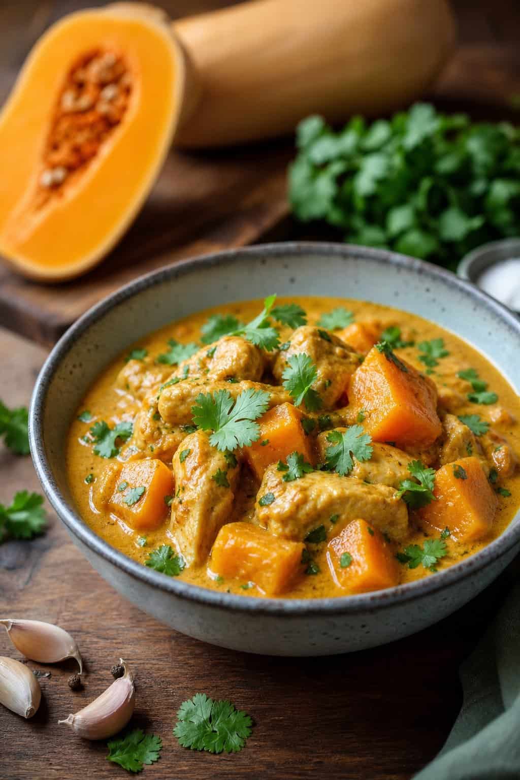 A bowl of chicken and butternut squash curry garnished with cilantro on a wooden table with fresh ingredients around it.