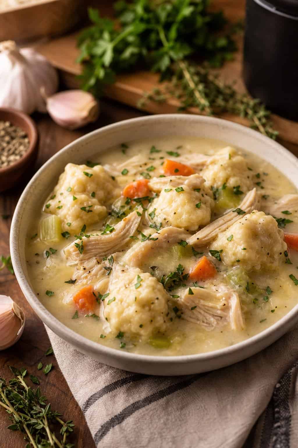 A steaming bowl of chicken and dumplings on a wooden table with fresh herbs and ingredients nearby.