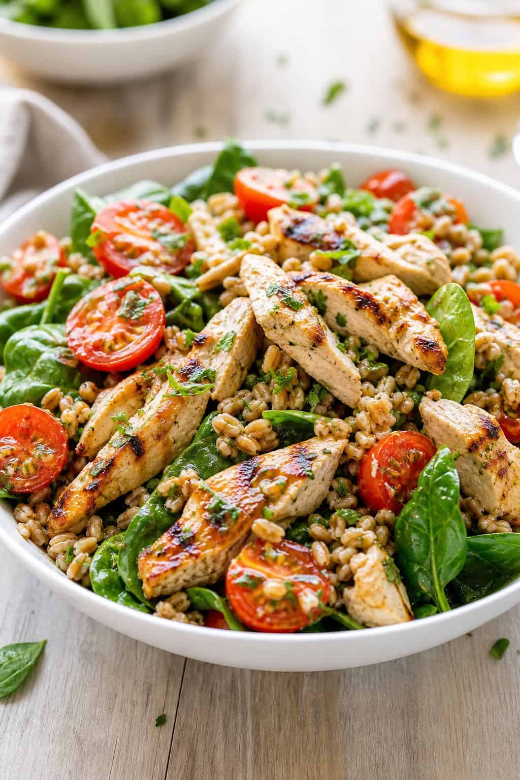 A bowl of chicken and farro salad with cherry tomatoes and greens on a wooden table.