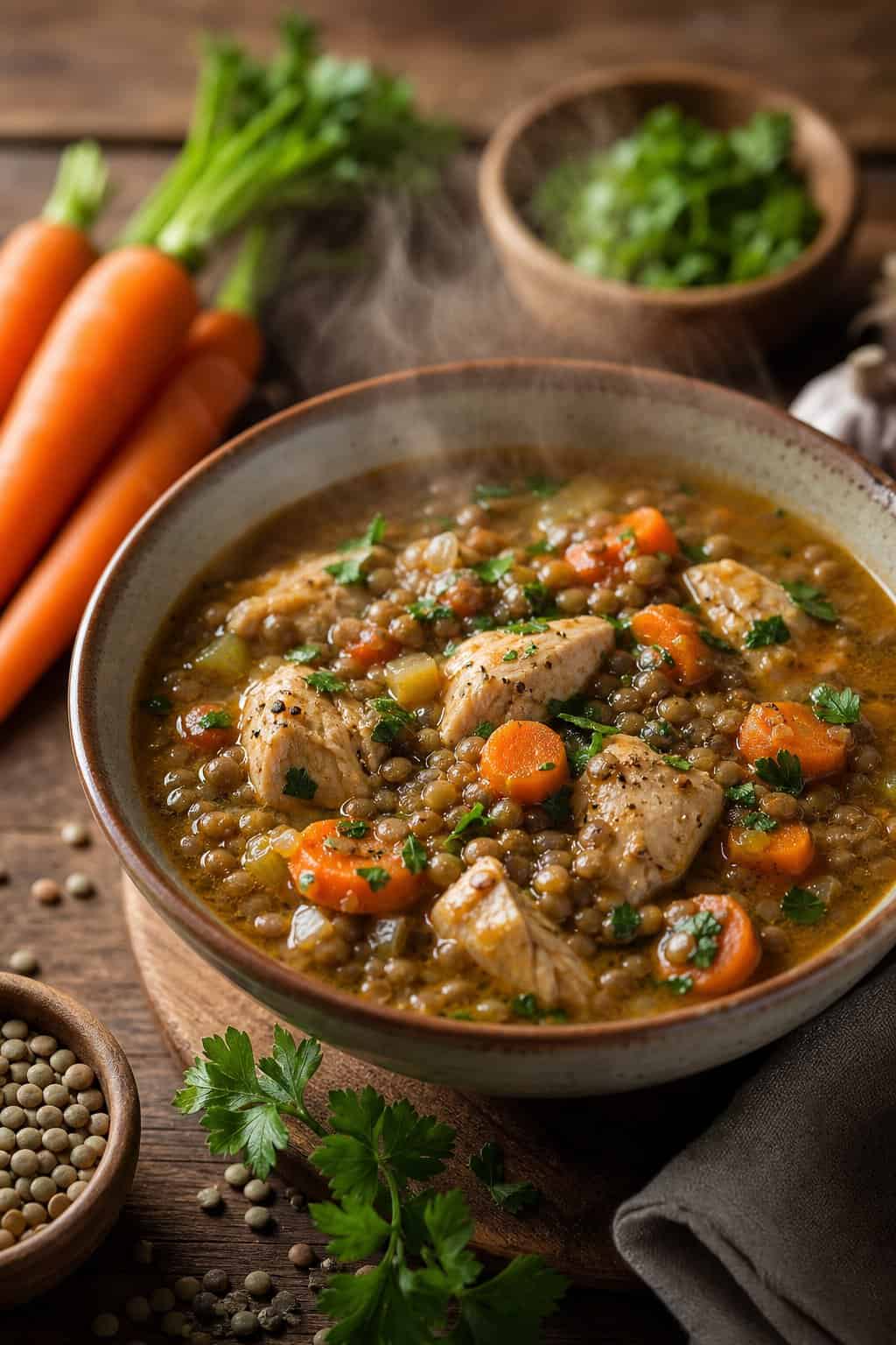 A bowl of chicken and lentil stew with carrots on a wooden table, surrounded by fresh ingredients.