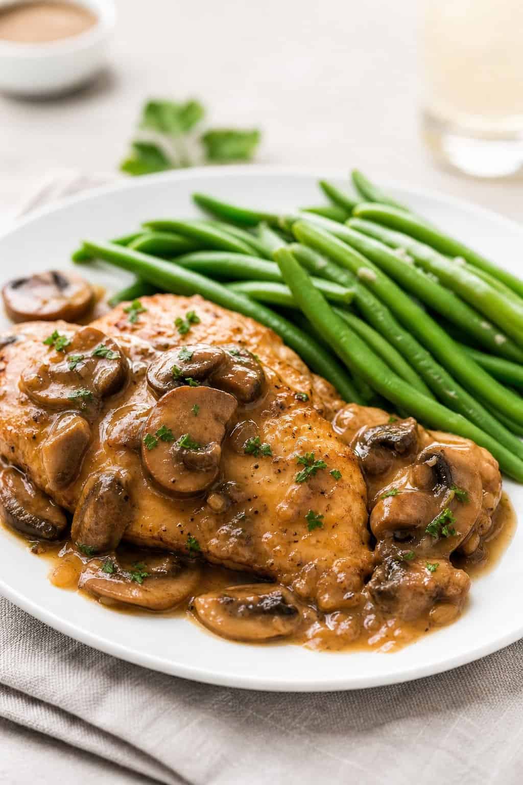 Plate of chicken with mushroom sauce served with steamed green beans on a table.